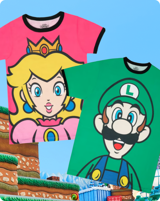 Two t-shirts featuring Princess Peach and Luigi characters on a blue background - click to shop SUPER NINTENDO WORLD™ Drinkware now!