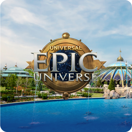 Universal Epic Universe logo with a pool and themed buildings in the background - click to shop Universal Epic Universe!