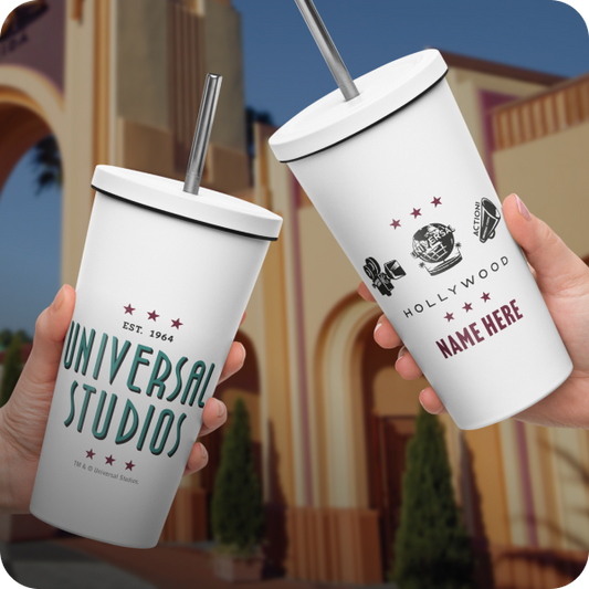 Two white tumblers with 'Universal Studios' and 'Hollywood' branding held in front of a themed background - click to shop Shop All Universal Studios Hollywood Merch now!