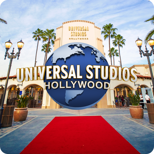 Universal Studios Hollywood entrance with palm trees and a red carpet - click to get details about Destination tickets & hotel packages.