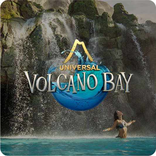 Woman in a bikini standing in water with 'Universal Volcano Bay' logo in the foreground - click to get details about Destination tickets & hotel packages.
