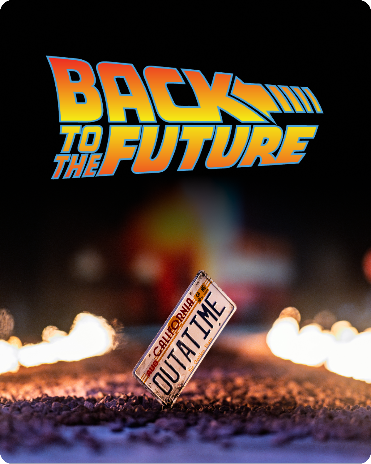 Back to the Future logo with a license plate reading 'Out at Time' on a dark background - click to shop Back to the Future merch now!