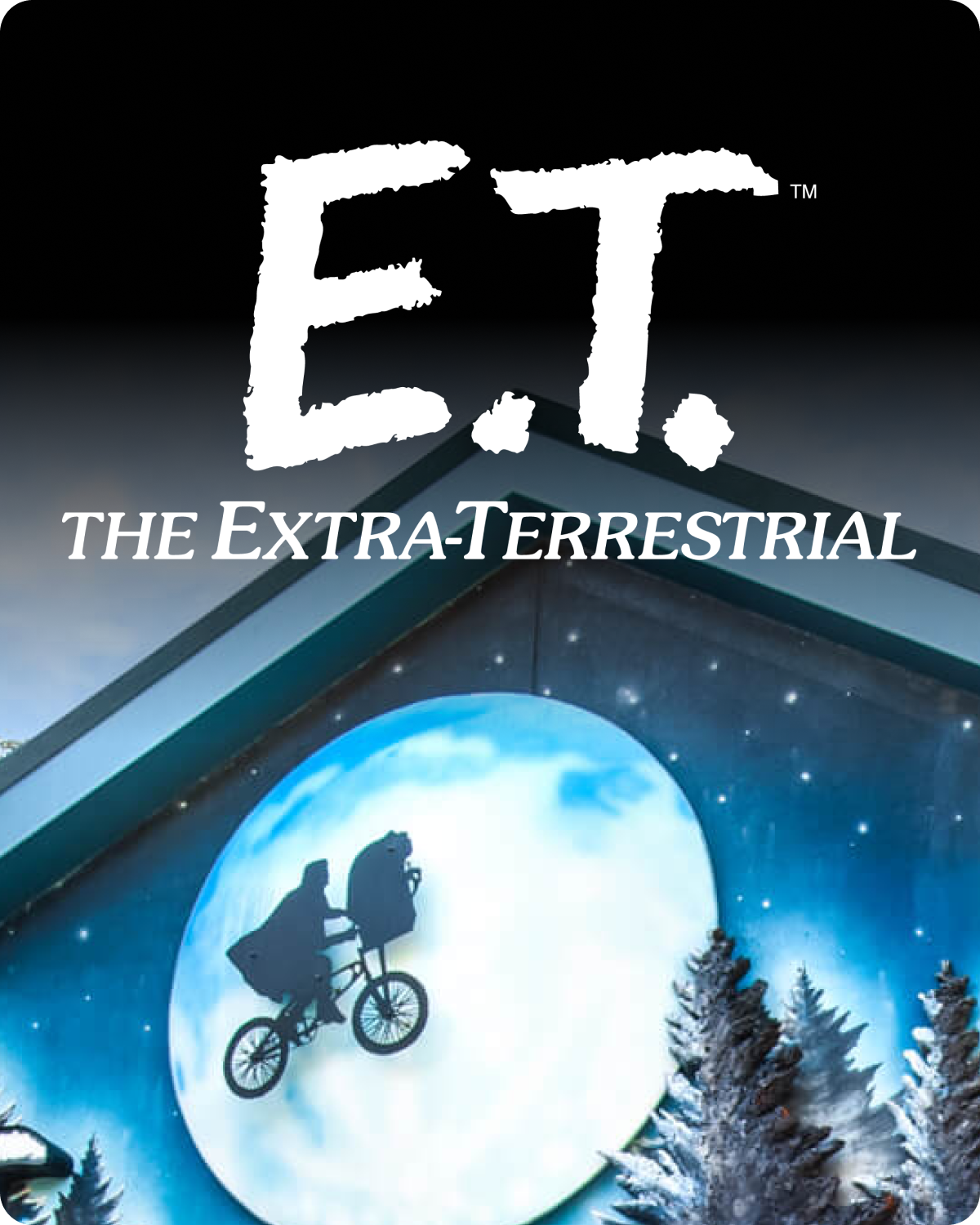 E.T. the Extra-Terrestrial movie poster with silhouette of a boy and E.T. on a moonlit night - click to shop E.T. merch now!
