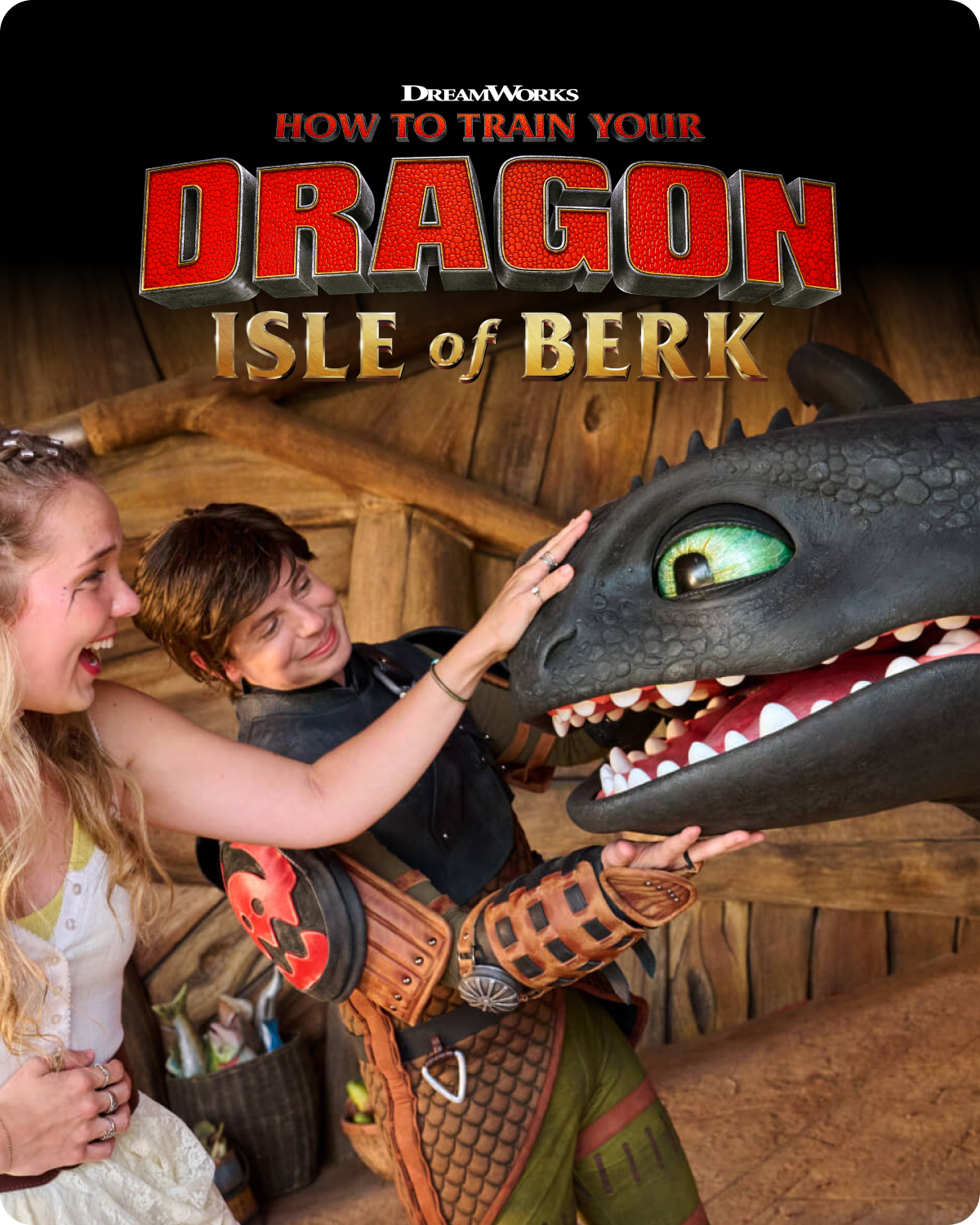 Promotional poster for 'How to Train Your Dragon: Isle of Berk' featuring two characters and a dragon - click to shop How To Train Your Dragon merch now!