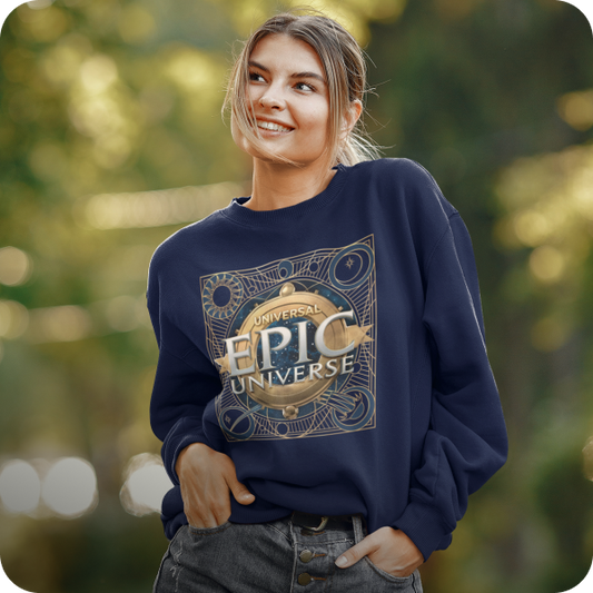Woman wearing a navy sweatshirt with 'Epic Universe' logo outdoors - click to shop Universal Epic Universe merch now!