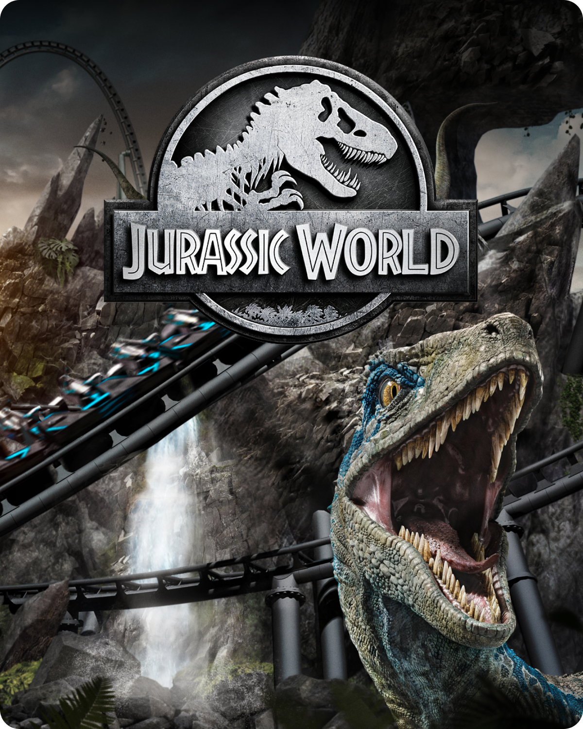 Jurassic World logo with a dinosaur and roller coaster in the background - click to shop Jurassic World merch now!