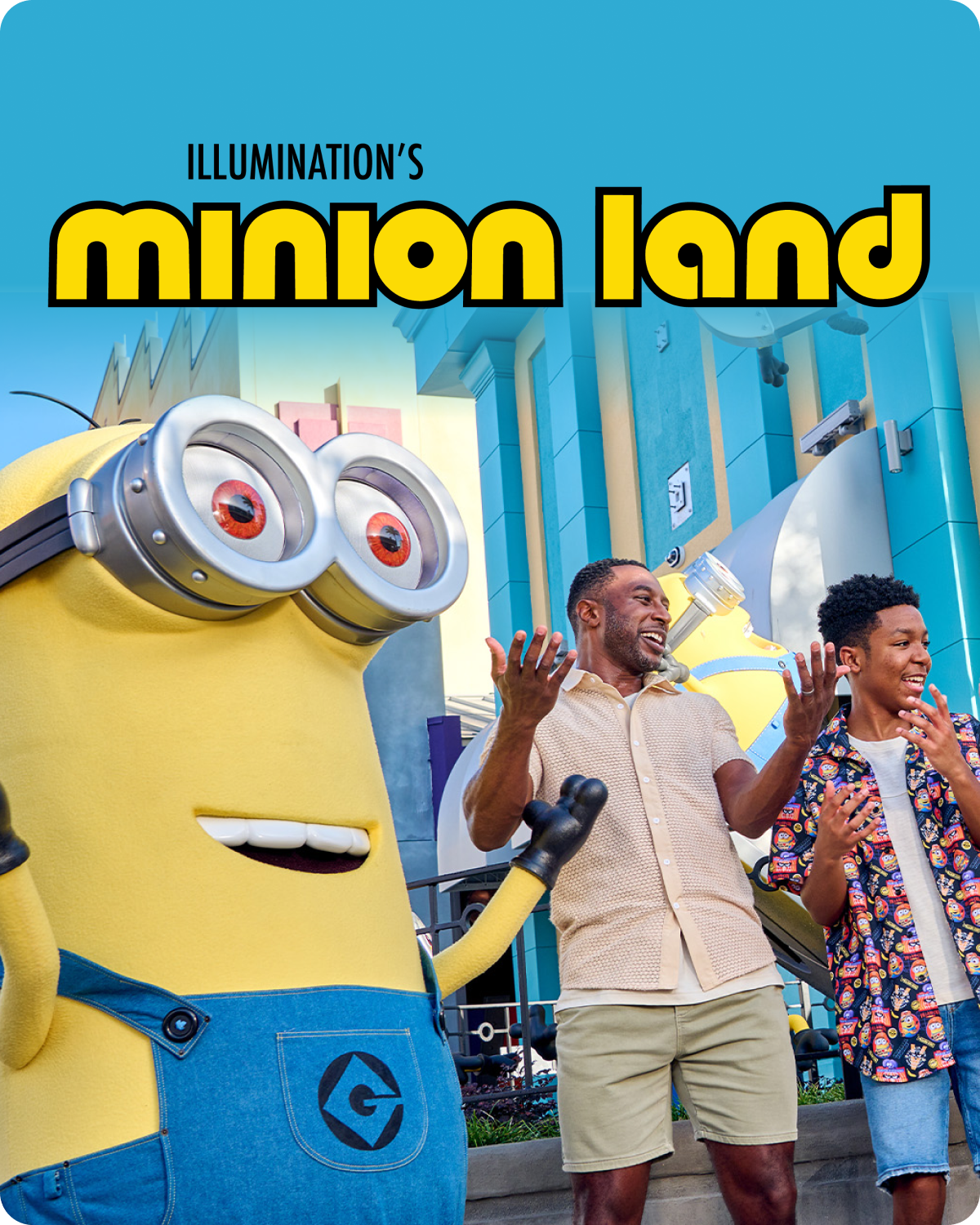 Two people clapping in front of a Minion and 'Minion Land' text - click to shop Illumination's Minion Land merch now!
