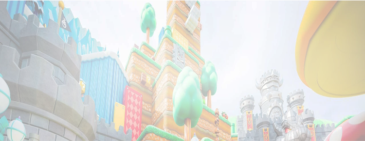 SUPER NINTENDO WORLD™ castle with colorful architecture and a character in the foreground - click to see more details about SUPER NINTENDO WORLD™!