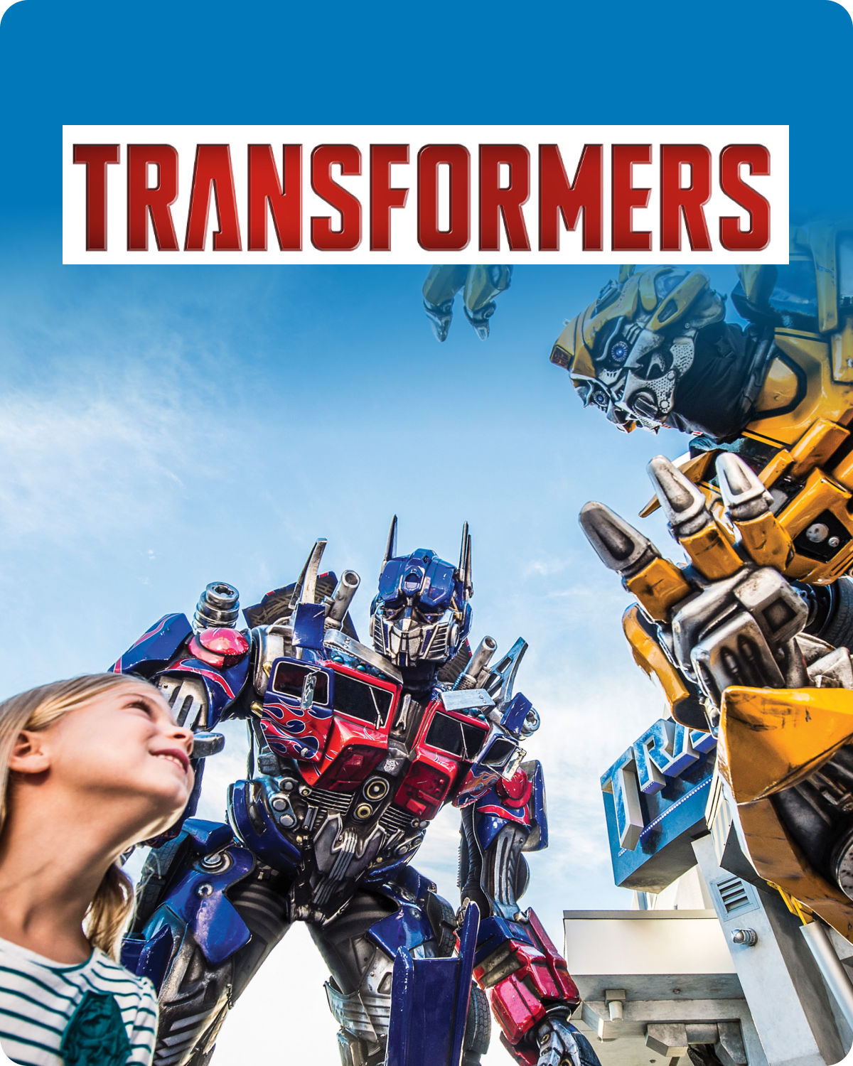Transformers robots and a child looking up at them with 'Transformers' logo  above - click to shop Transformers merch now!