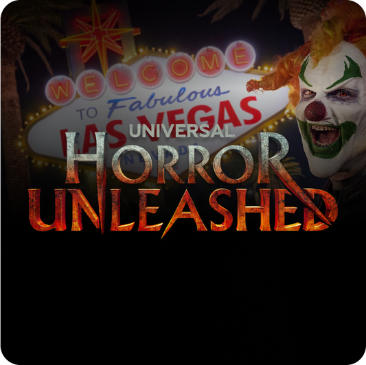 Promotional image for 'Universal Horror Unleashed' with a clown mask and Las Vegas sign - click to shop Universal Horror Unleased!