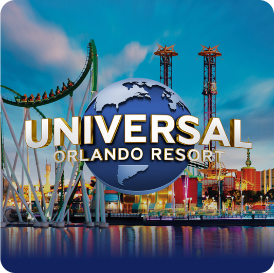 Universal Orlando Resort logo with roller coaster and theme park structures in the background - click to shop Universal Orlando Resort!