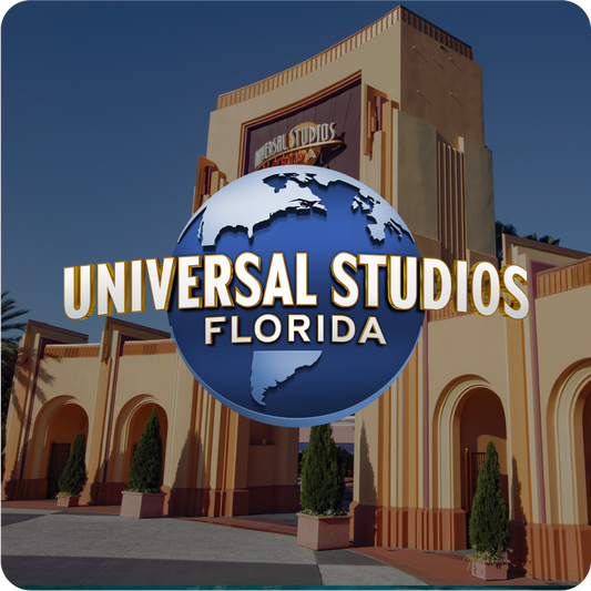 Universal Studios Florida entrance with logo and building facade - click to get details about Destination tickets & hotel packages.