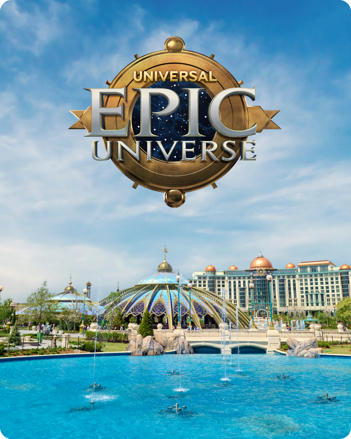 Universal Epic Universe logo with a scenic background of a pool and building - click to shop Universal Epic Universe merch now!