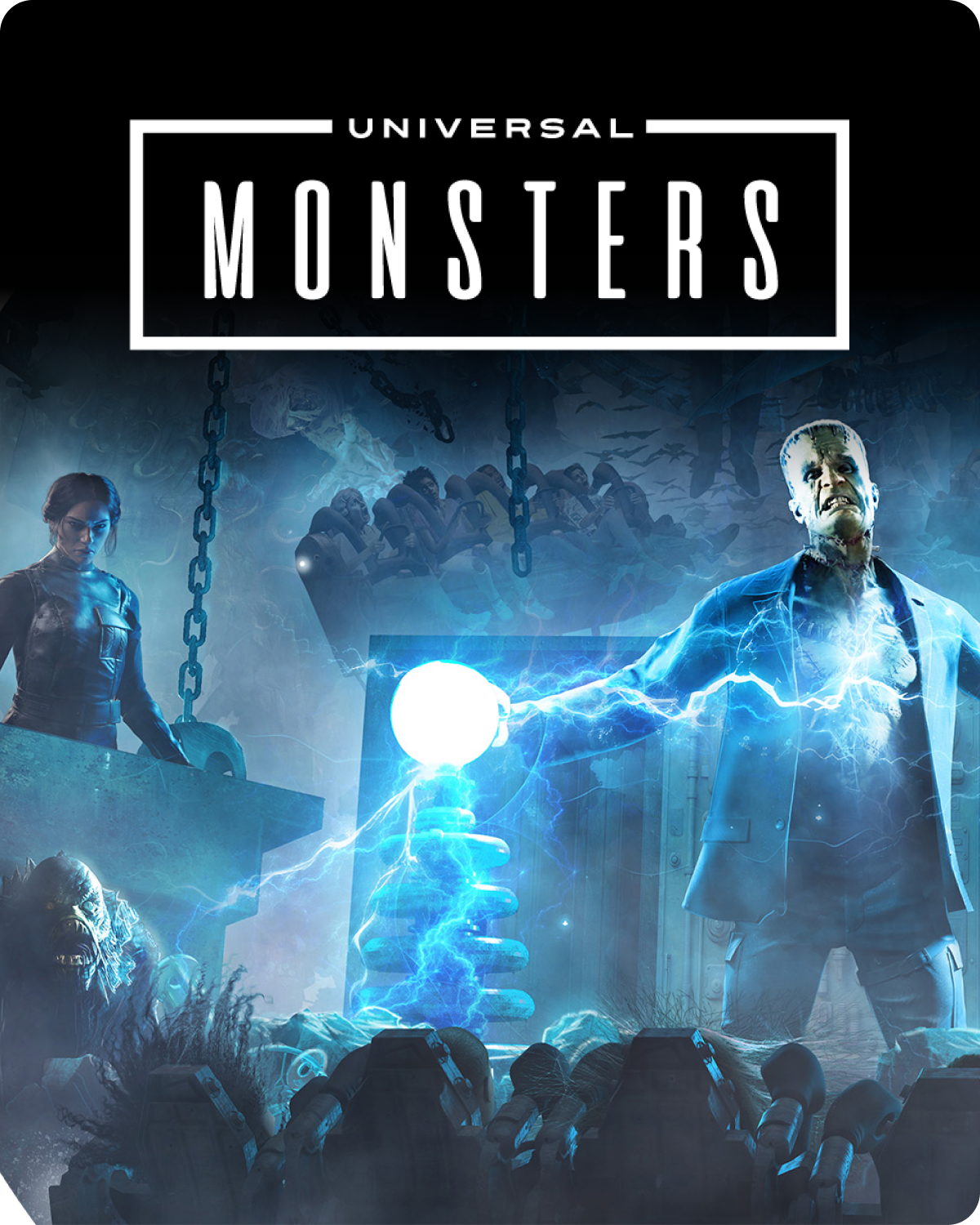 Promotional image for Universal Monsters featuring iconic characters in a dark, dramatic setting - click to shop Universal Monsters merch now!