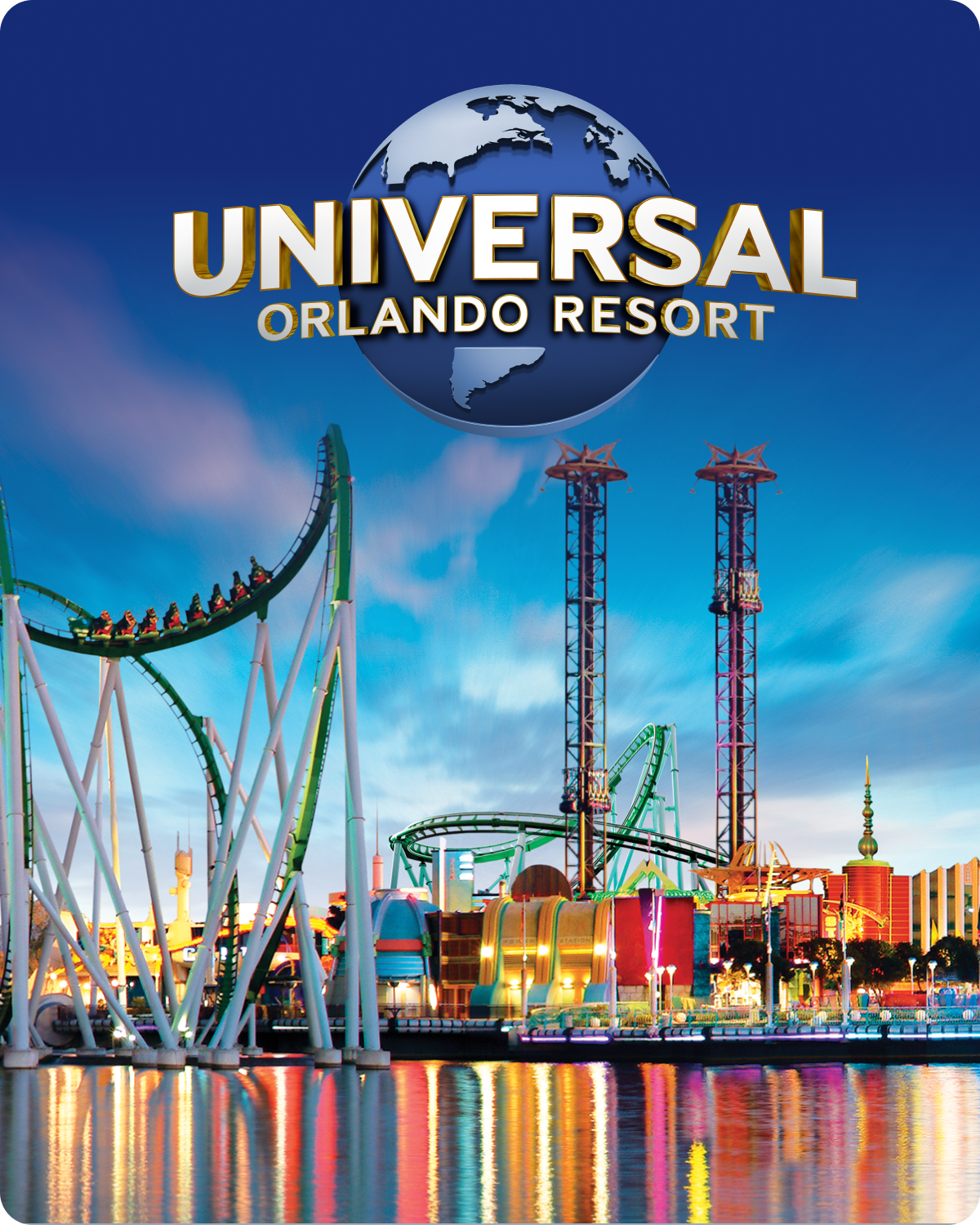 Universal Orlando Resort logo with roller coaster and attractions in the background - click to shop Universal Orlando Resort merch now!