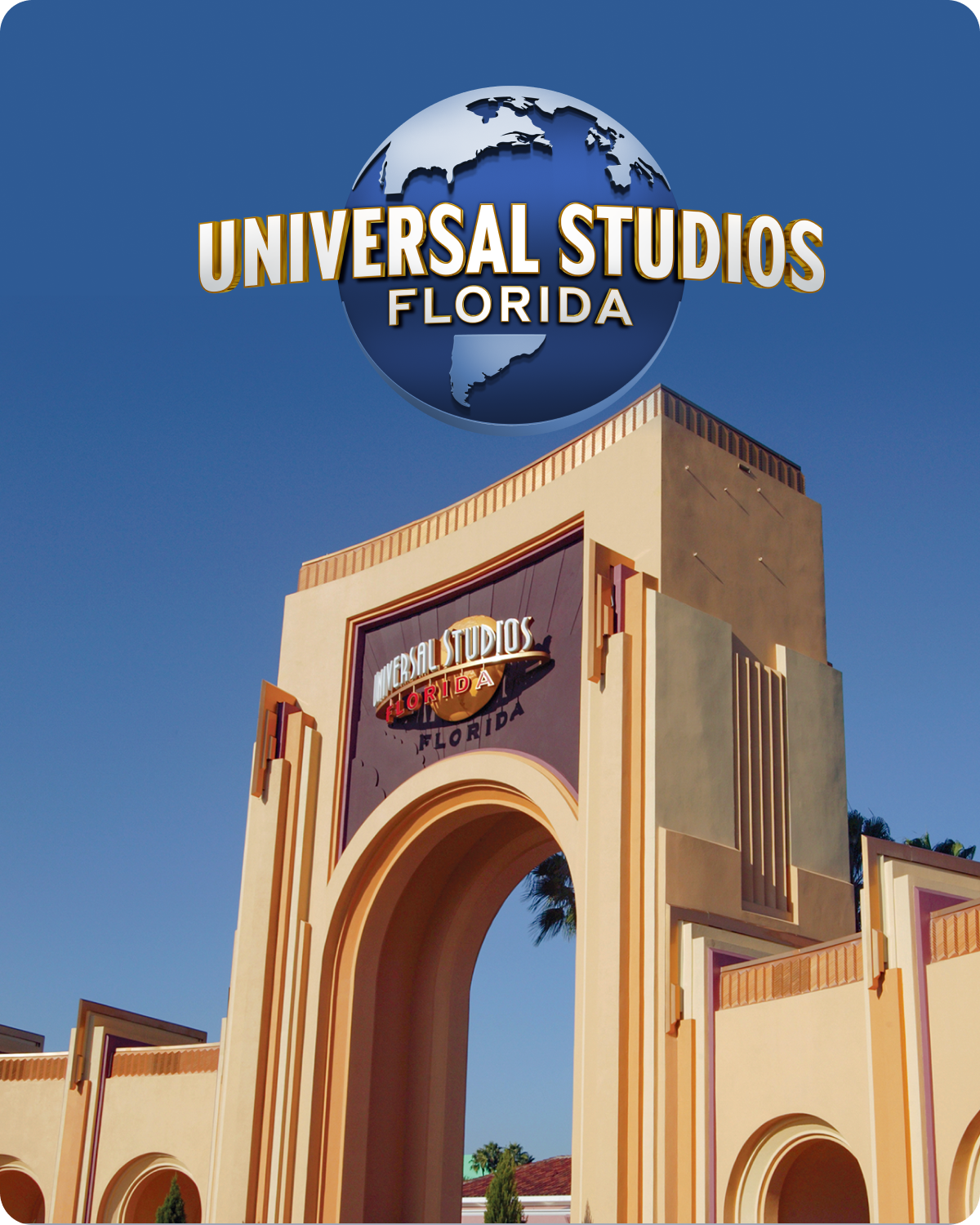 Universal Studios Florida entrance with iconic arch and blue sky - click to shop Universal Studios Florida merch now!