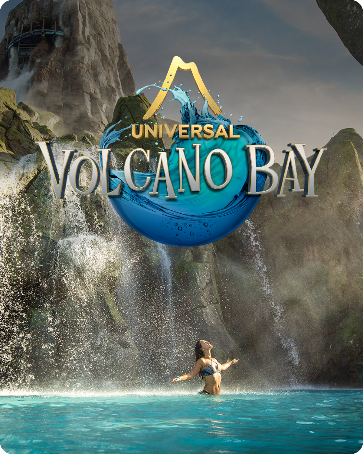 Universal Volcano Bay logo with a person in water and rocky background - click to shop Universal Volcano Bay merch now!