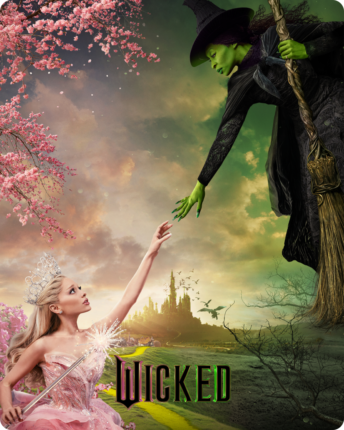 Character from 'Wicked' with a witch and a fairy in a fantasy setting - click to shop Wicked merch now!
