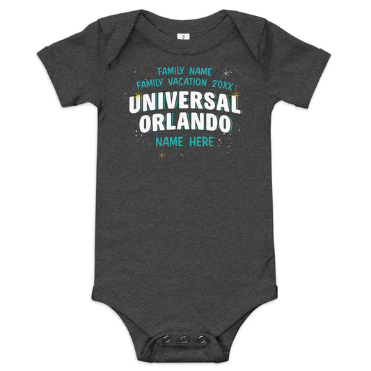 Universal orlando resort family vacation personalized baby bodysuit - dark grey heather