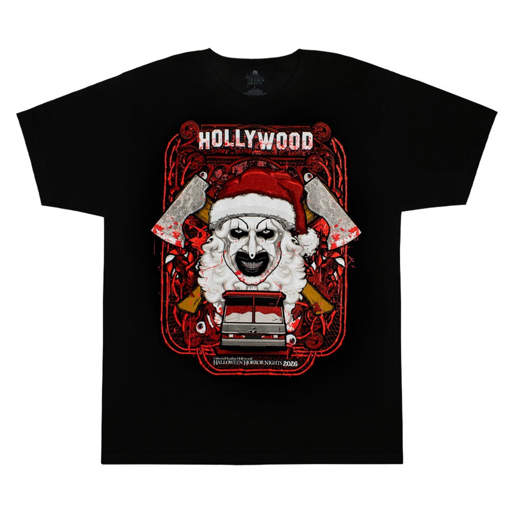 Halloween Horror Nights 2026 Universal Hollywood Art the Clown Tram T-Shirt, Black, X-Large