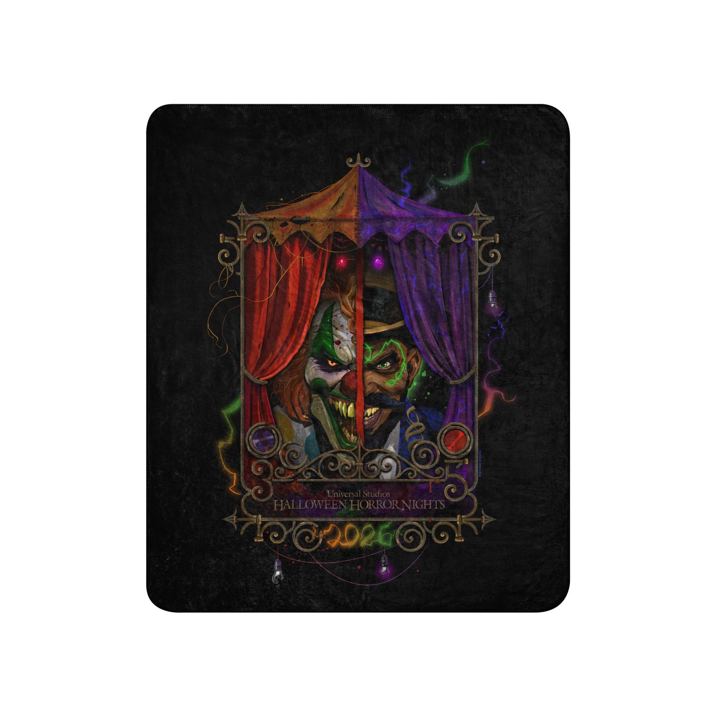 Halloween Horror Nights 2026 Sherpa Blanket Featuring Jack the Clown and Dr. Oddfellow